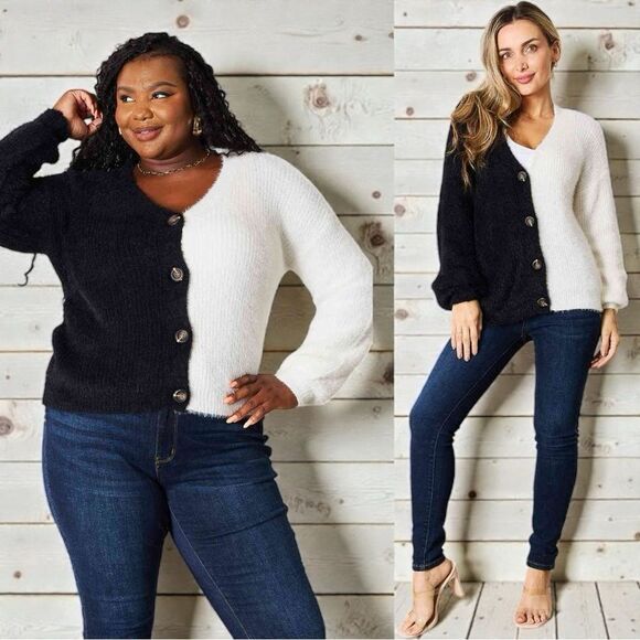 Black & White Contrast Button-Front V-Neck Cardigan NEW - Woven Right - Picture 5 of 13